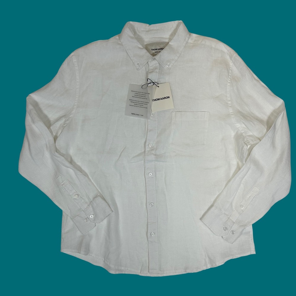 Thom Aaron Mens XL White 100% Linen Button Down Long Sleeve Shirt NWT